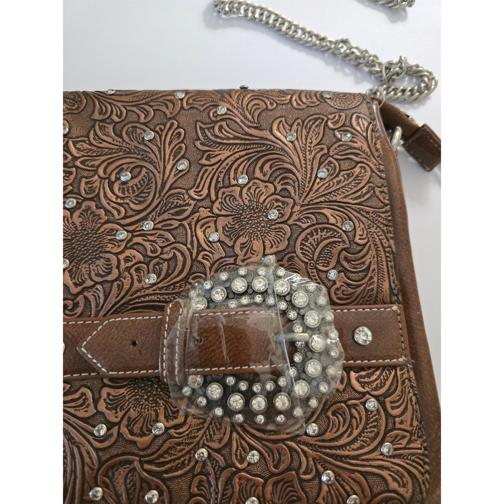 Western Embossed Buckle Crossbody Bag Bronze Brown Chain Strap w/ rhinestones - Picture 4 of 14